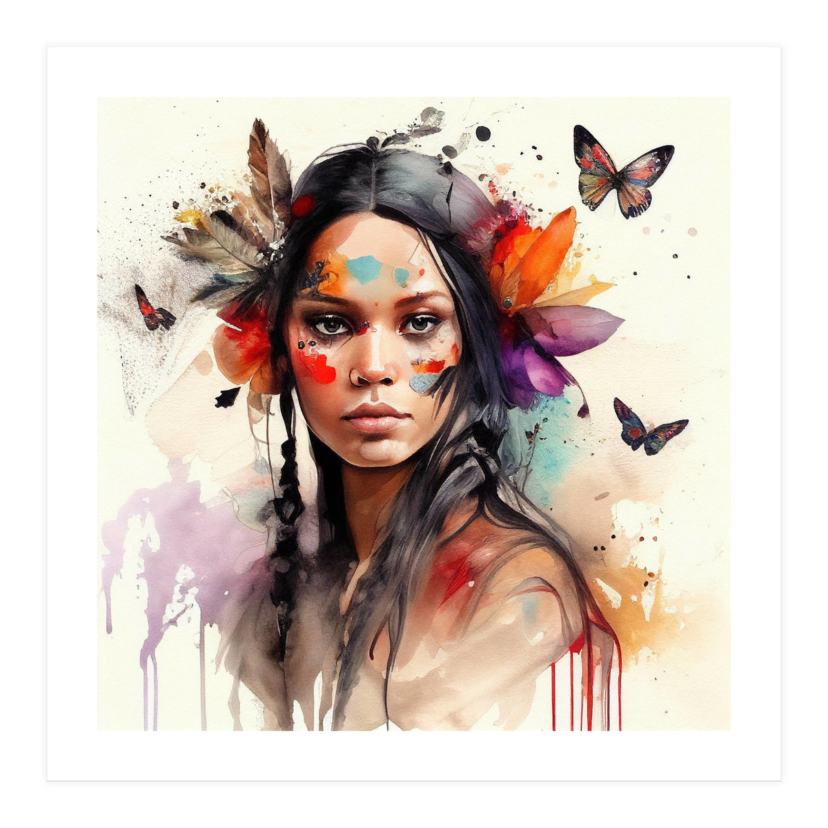 Watercolor Floral Indian Native Woman #6 (Print Only)
