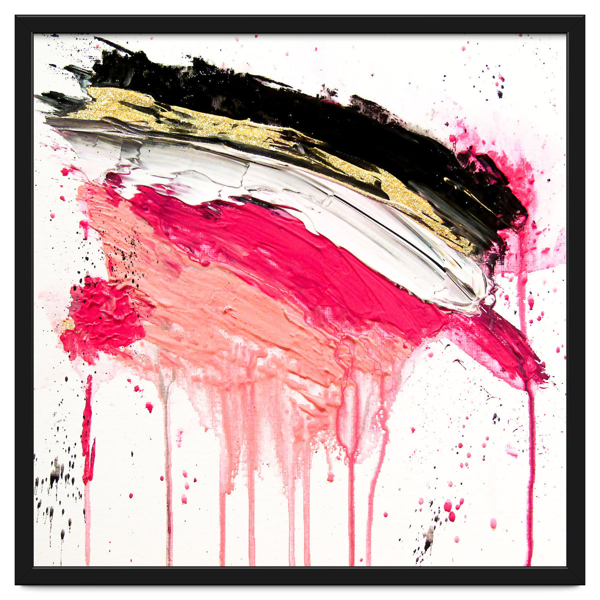 Modern Abstract Pink Black Gold Brushstrokes Splatters Acrylic