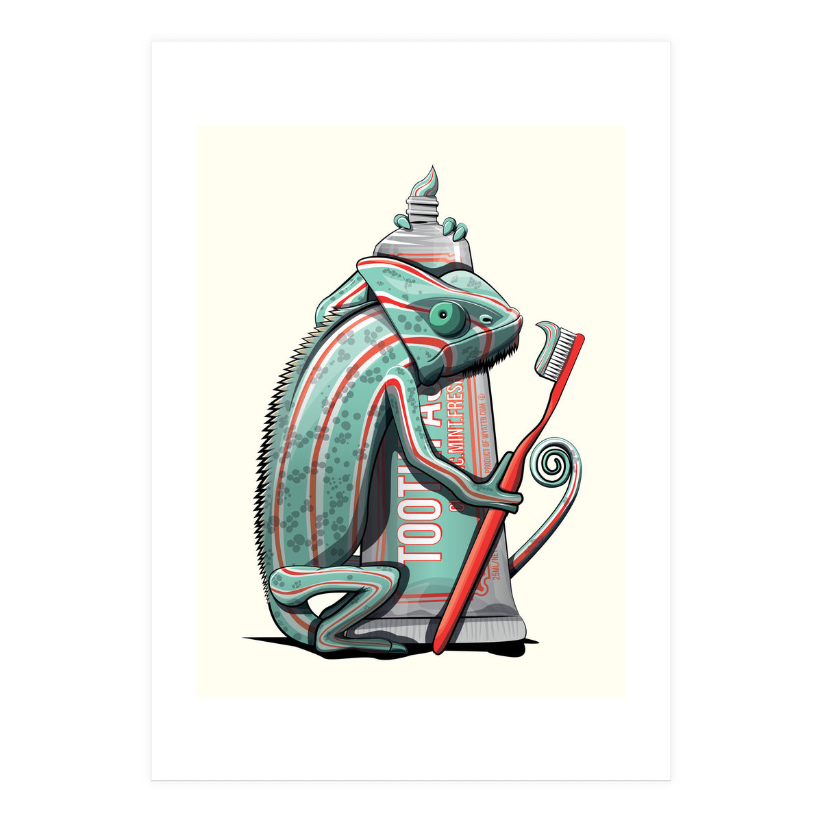 Chameleon Brushing Teeth, Funny Bathroom Humour (Print Only)