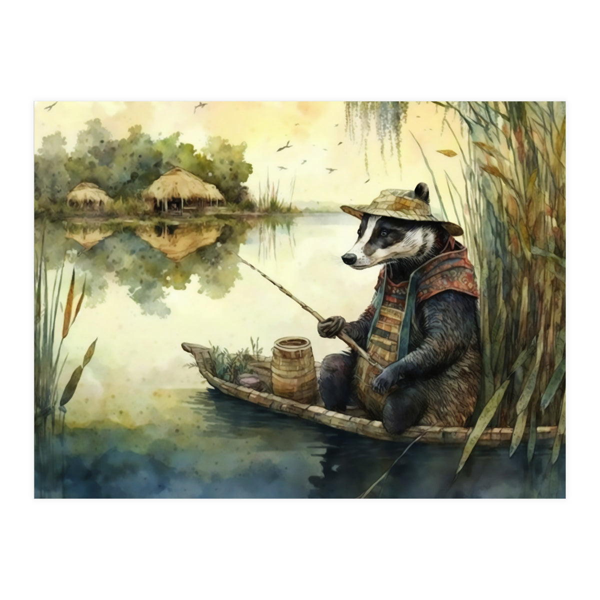 Badger Fishing Watercolor Painting (Print Only)