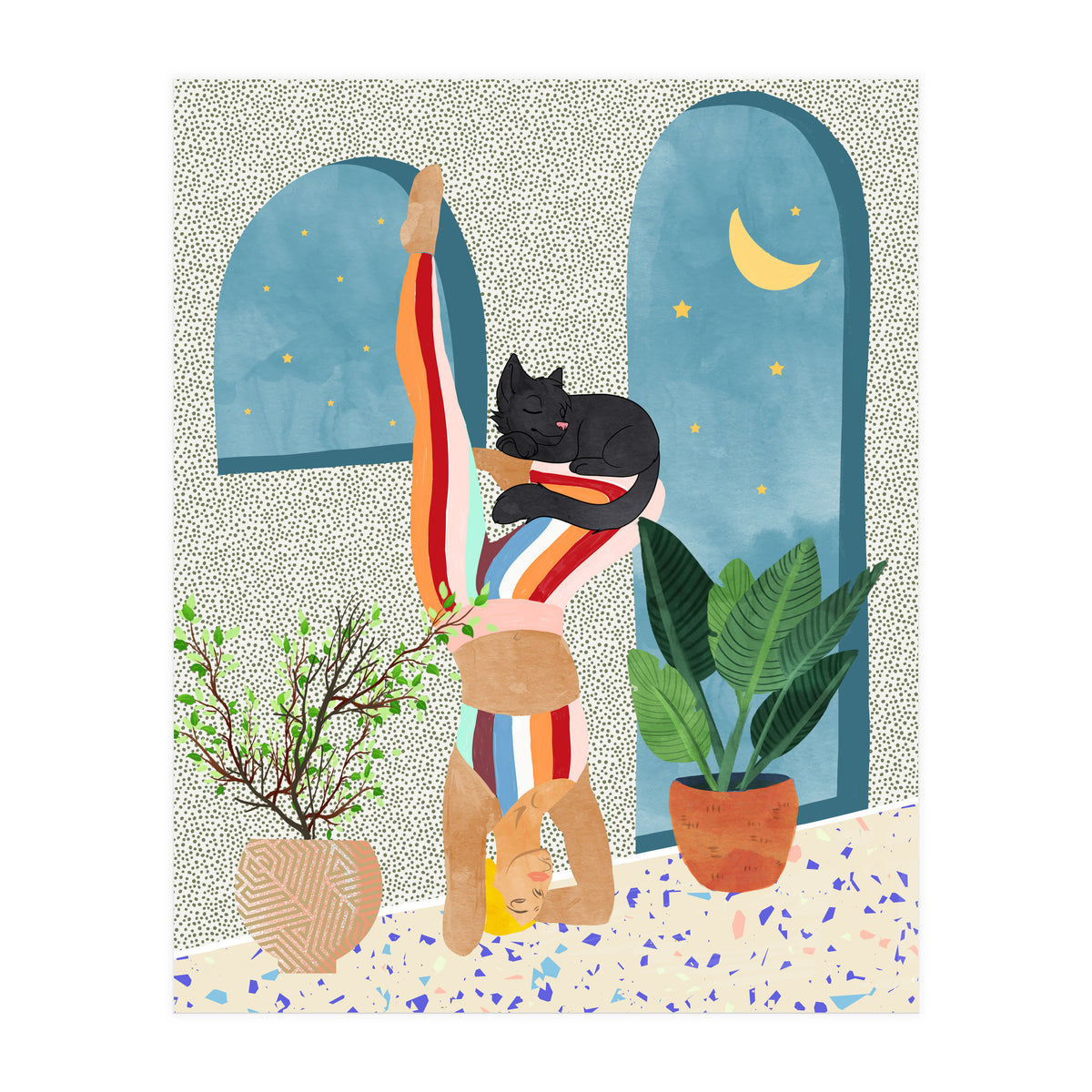 Headstand, Cat Yoga, Active Woman Workout, Eclectic Colorful Pets Terrazzo (Print Only)