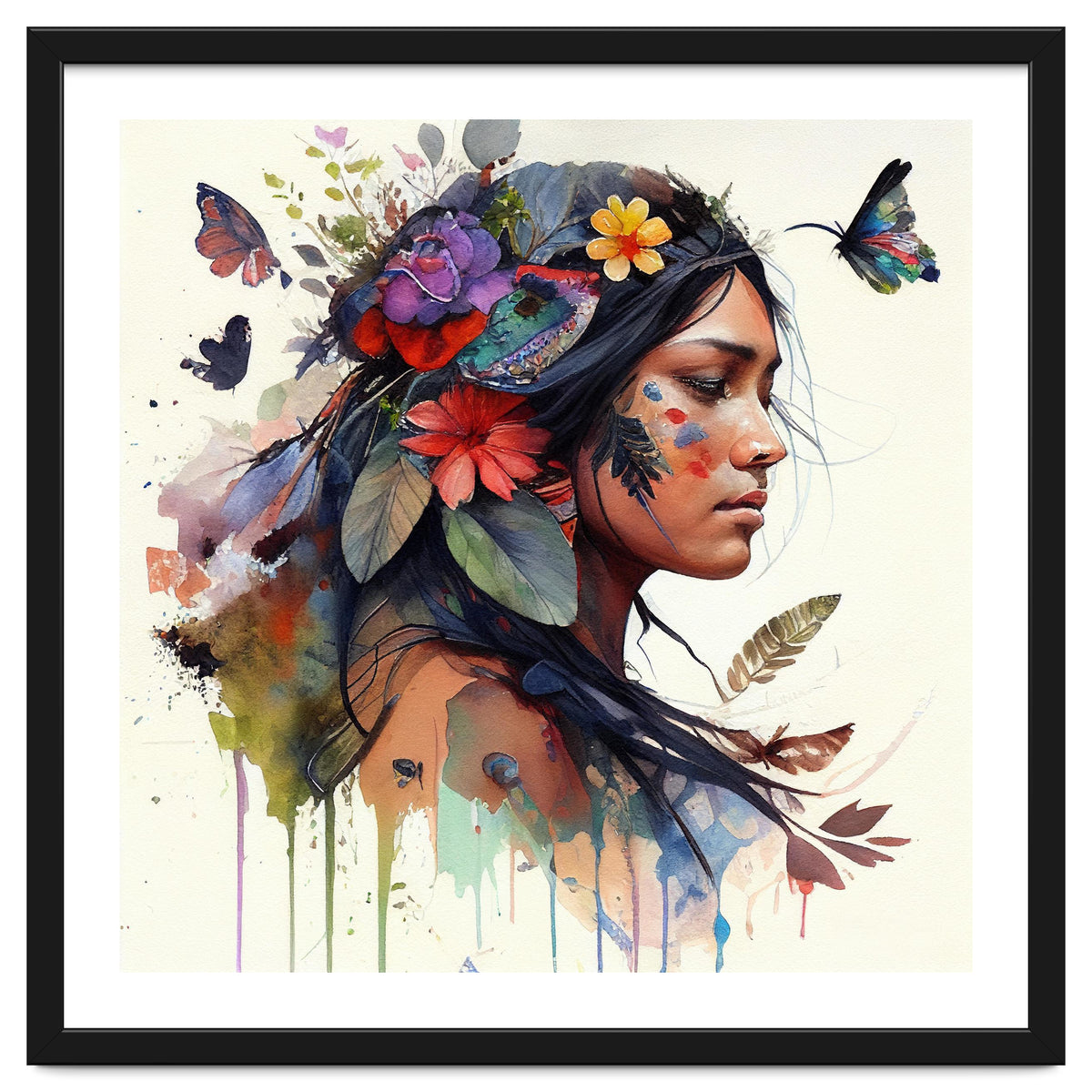 Watercolor Floral Indian Native Woman #15