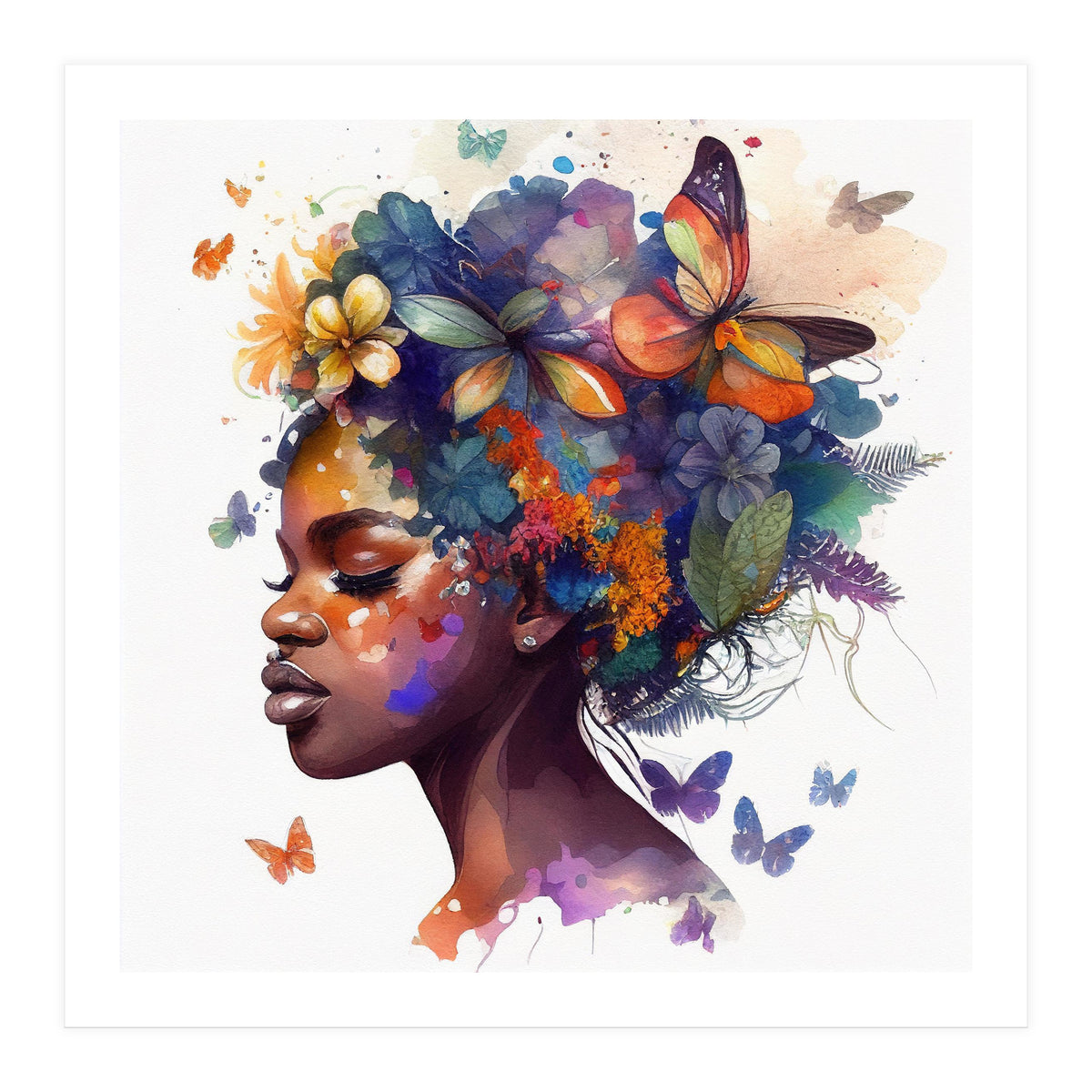 Watercolor Butterfly African Woman #7 (Print Only)
