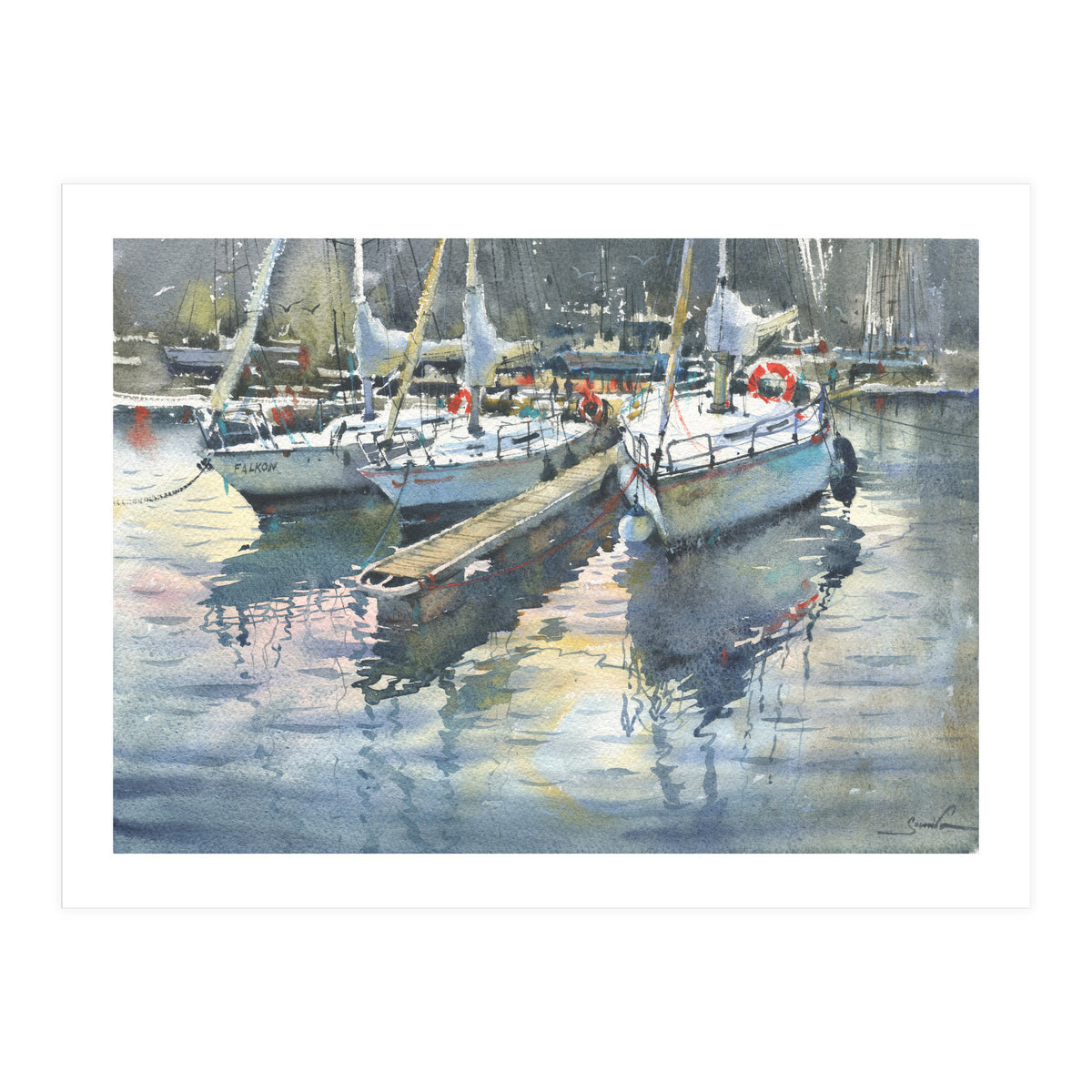 Yachts in the port. Watercolor painting (Print Only)