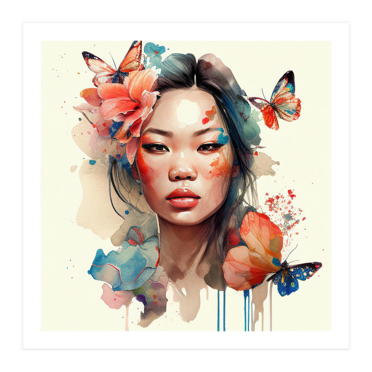 Watercolor Floral Asian Woman #1 (Print Only)