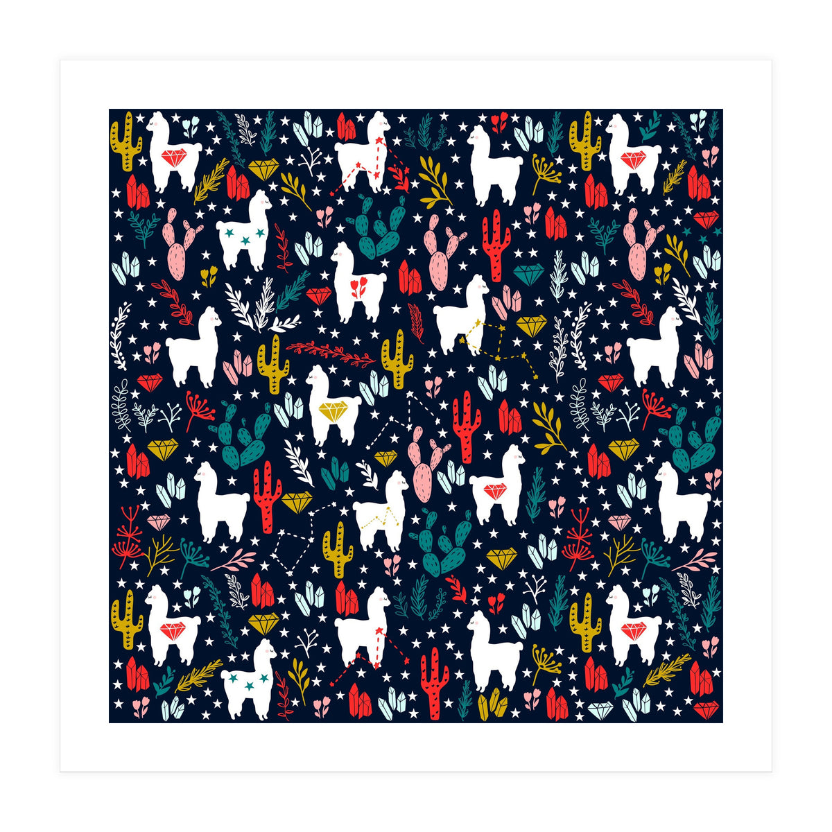 Cute Alpaca Pattern with Cacti, Stars and Crystals (Print Only)