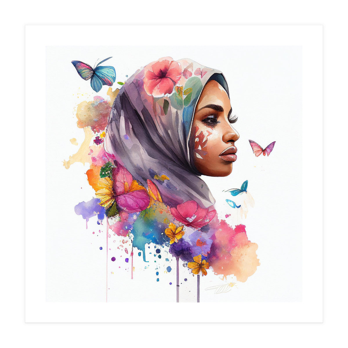 Watercolor Floral Muslim Arabian Woman #7 (Print Only)