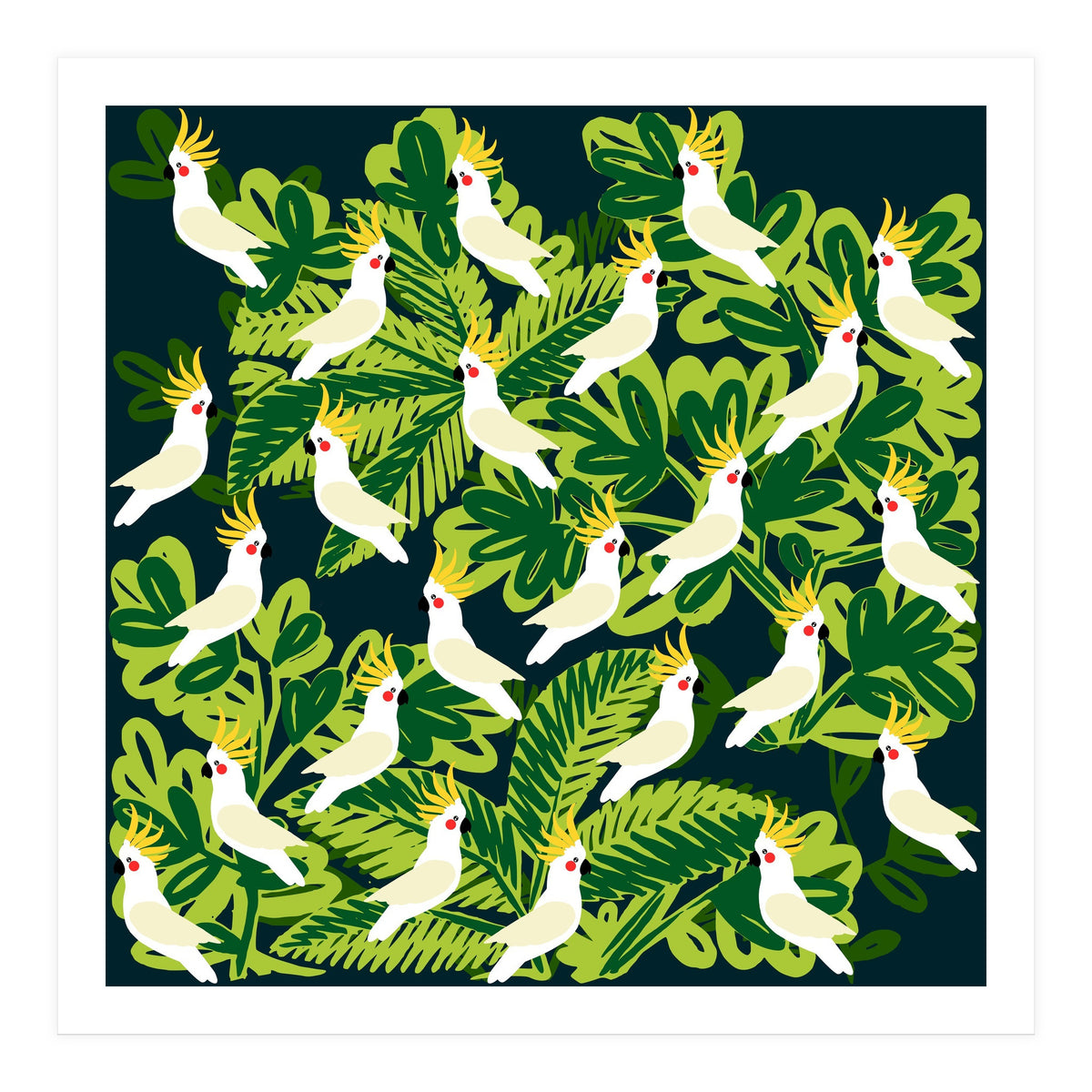 Cute cockatoo and tropical leaves (Print Only)
