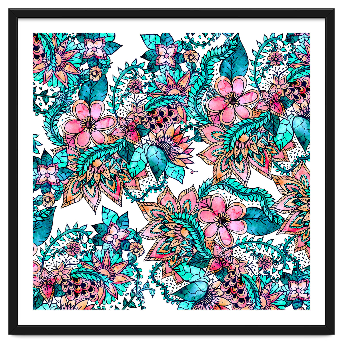Boho turquoise pink floral watercolor illustration