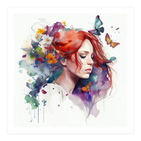 Watercolor Floral Red Hair Woman #1 (Print Only)