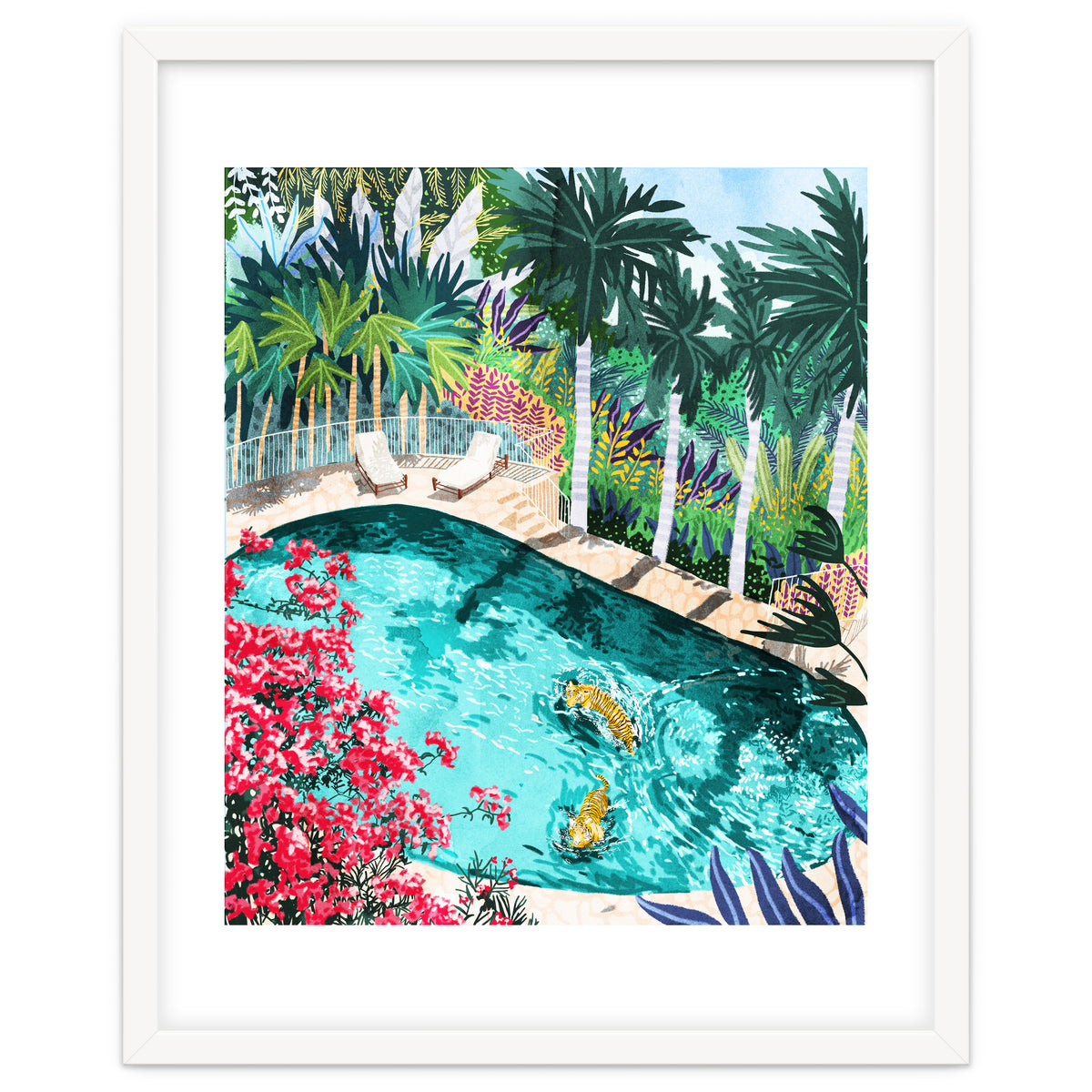 Luxury Tiger Villa illustration, Architecture Travel Nature Painting, Hotel Landscape Garden