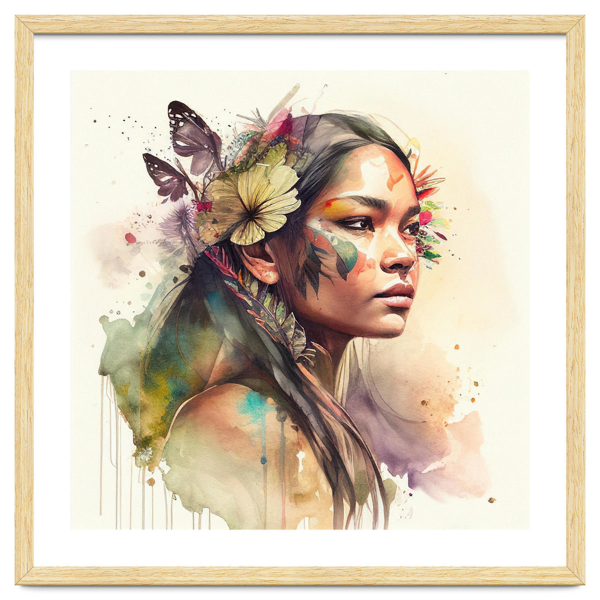 Watercolor Floral Indian Native Woman #2