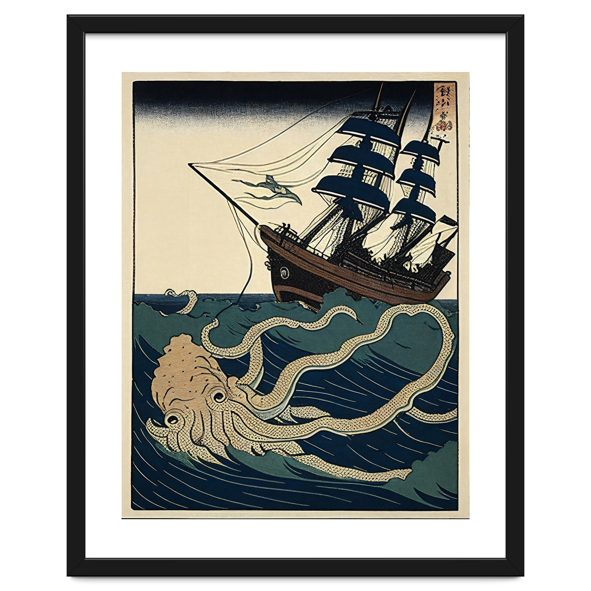 Giant Squid Attacking Ship Japanese Woodblock Print