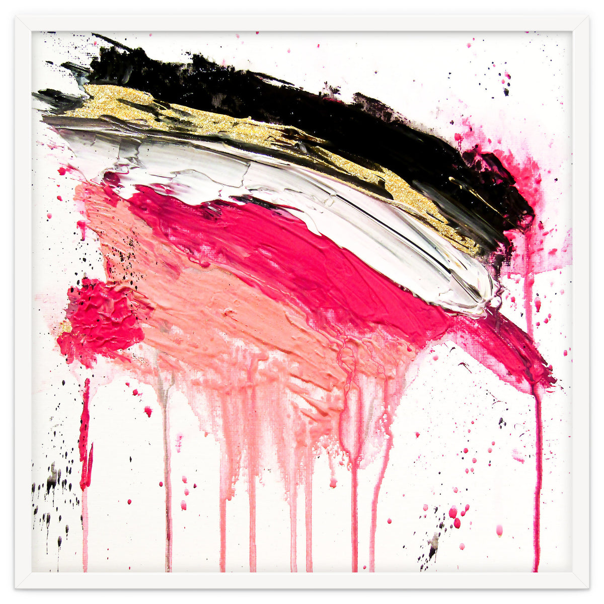 Modern Abstract Pink Black Gold Brushstrokes Splatters Acrylic