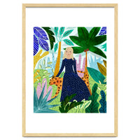 African Safari, Colorful Tropical Jungle Travel, Botanical Watercolor, Blonde Woman with a Leopard