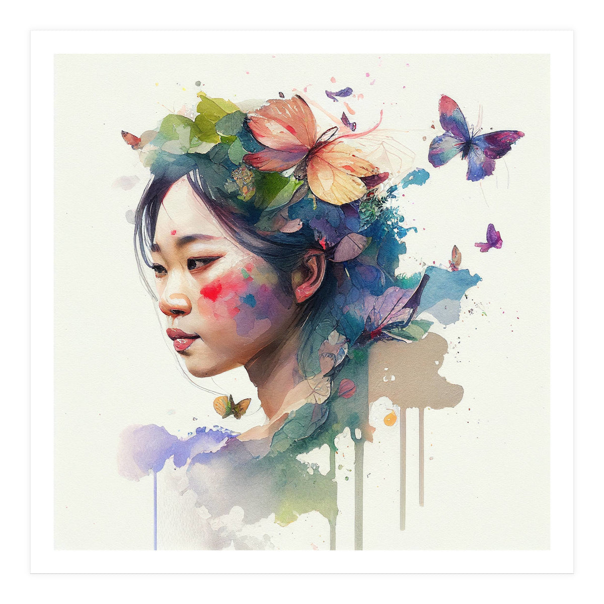 Watercolor Floral Asian Woman #7 (Print Only)