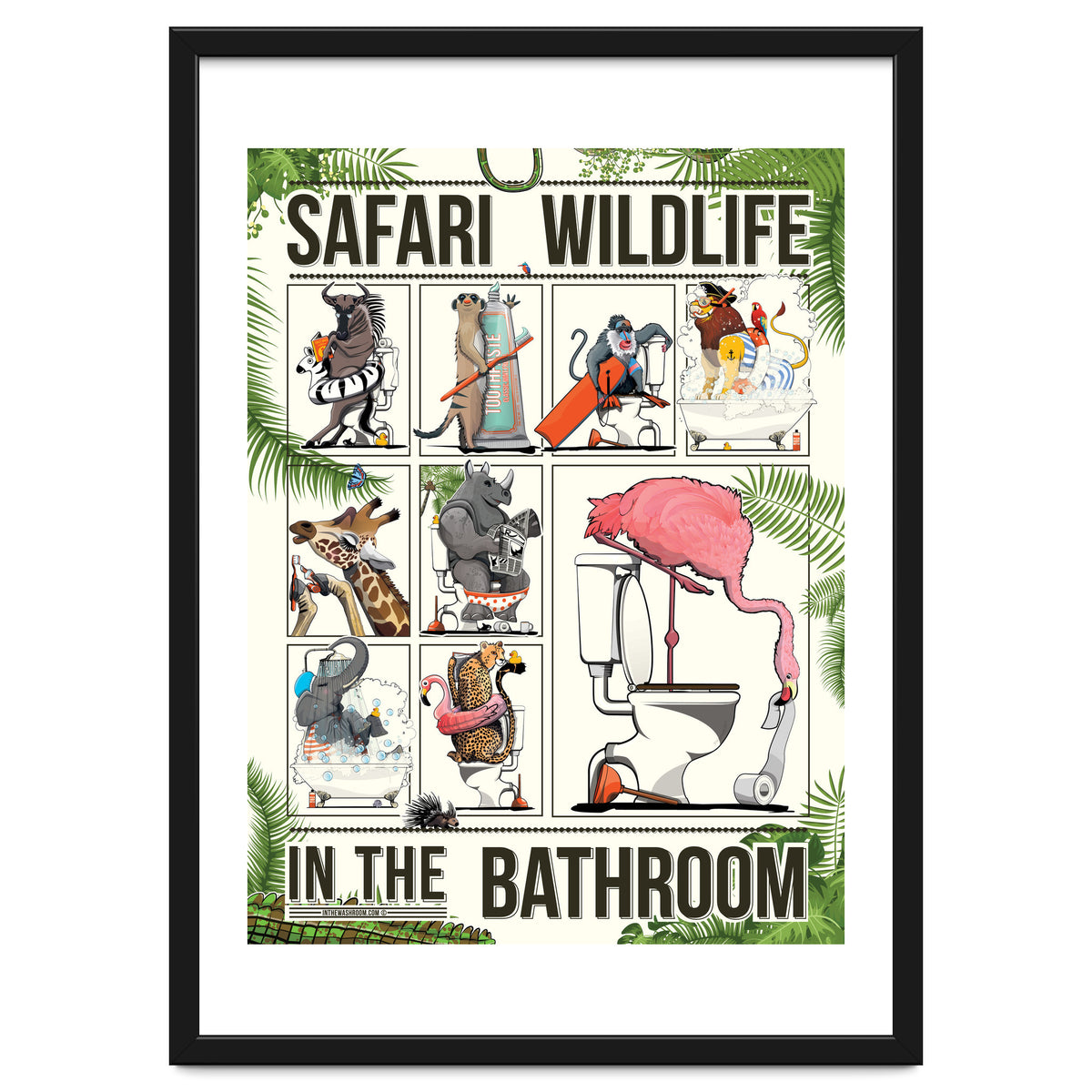 Safari wildlife animals in the bathroom, funny toilet humour.