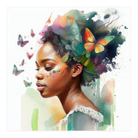 Watercolor Butterfly African Woman #3 (Print Only)