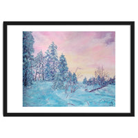 Pink sunrise in the winter forest