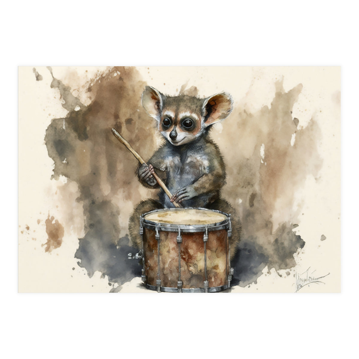 Bush Baby Playing Drum Watercolor Painting (Print Only)