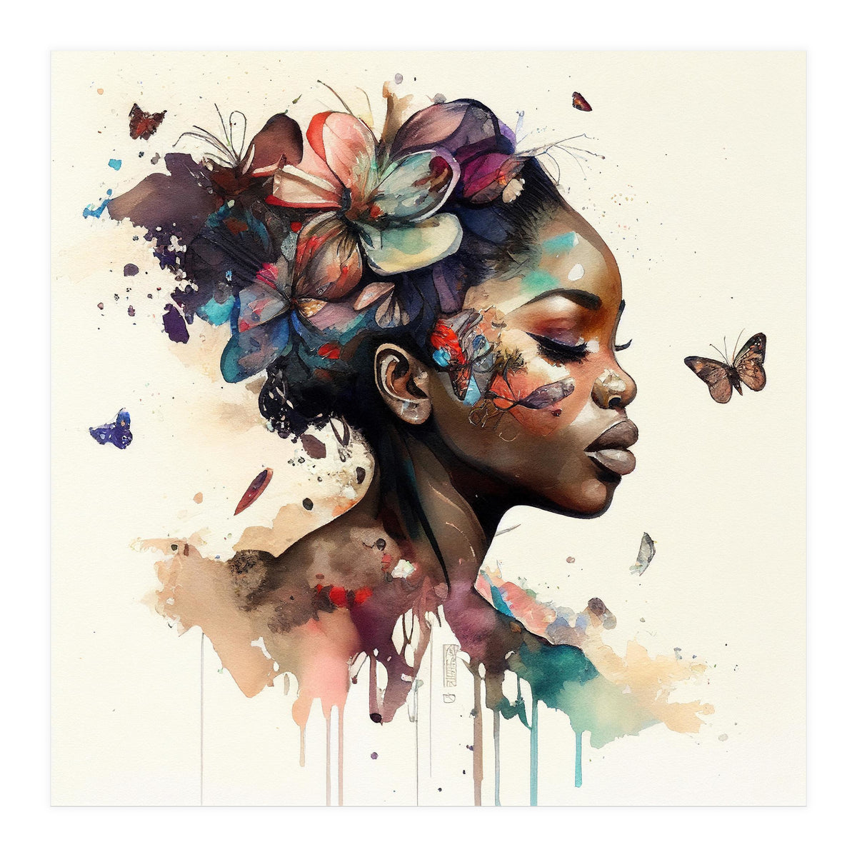 Watercolor Butterfly African Woman #11 (Print Only)