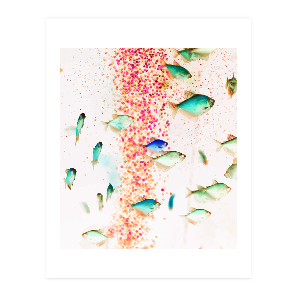 Something Fishy, Pink Bubbles & Blue Green Fish Graphic Design Digital Eclectic Surrealism (Print Only)