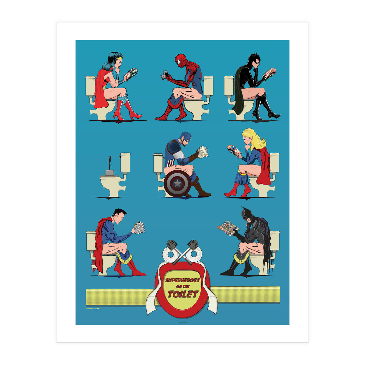 Superheroes on the Toilet, funny poo humour (Print Only)
