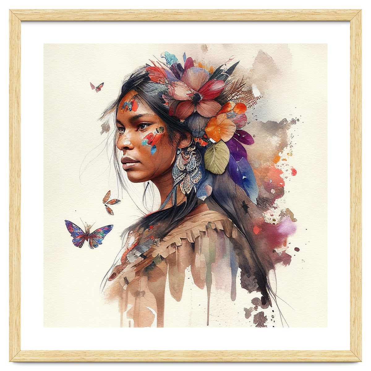 Watercolor Floral Indian Native Woman #9