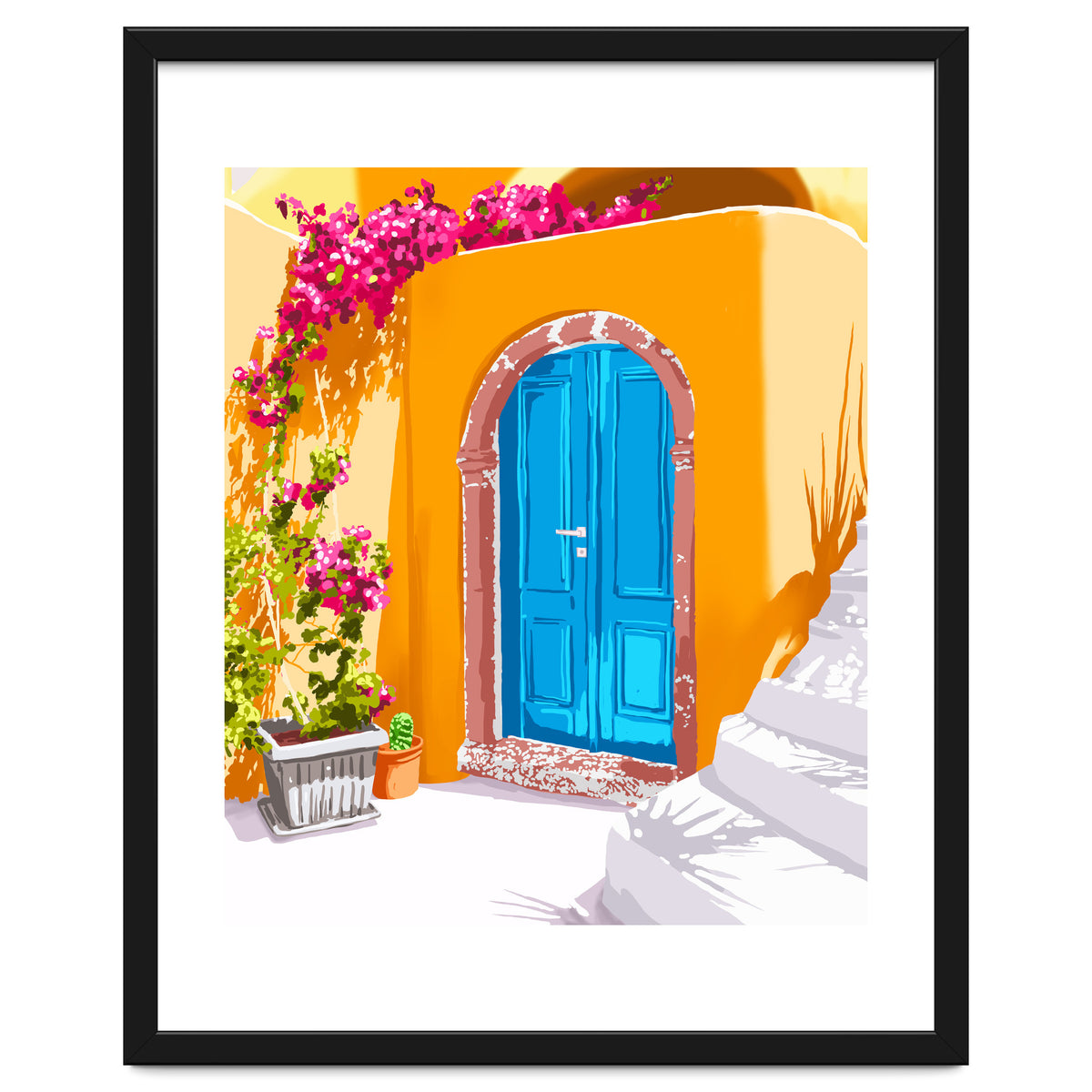 Sunny Morocco, Summer Architecture Greece Travel Painting, Boungainvillea Tropical Floral