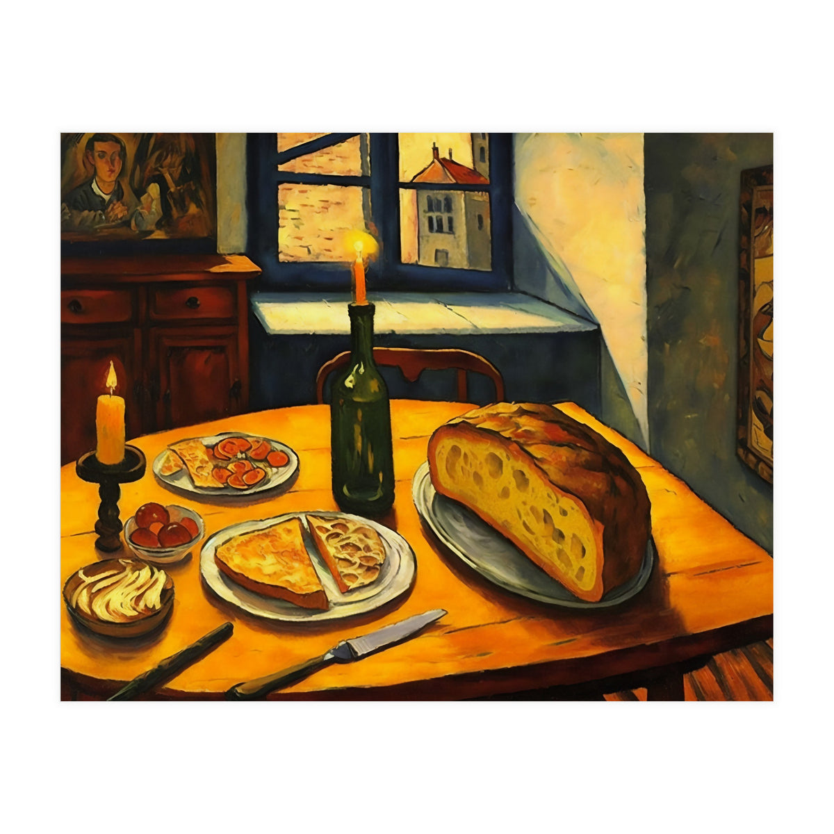 Table Setting of Bread and Cheese Oil Painting (Print Only)