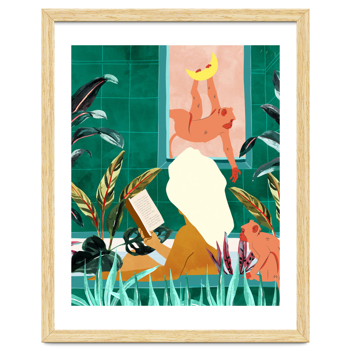 Urban Jungle Bath | Tropical Modern Bohemian Woman Bathtub | Pet Monkey Wild Animals Moon Watercolor