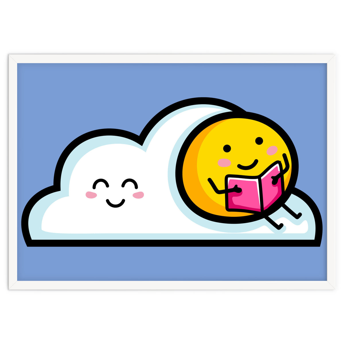 Kawaii Cute Sun Reading A Book On A Cloud