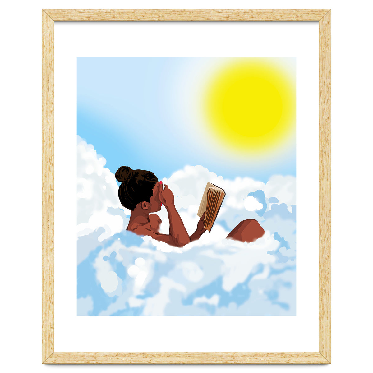 Reading on Clouds, Black Woman Summer Sunny Day Book Painting, Bohemian Nude