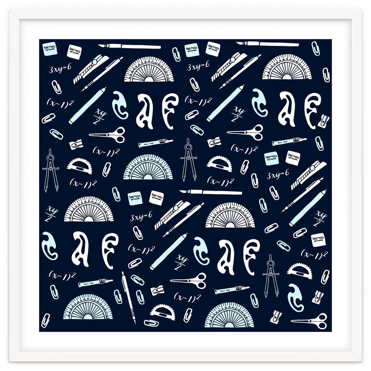 Mathematics and Geometry Pattern with protractors, mechanical pencils and erasers