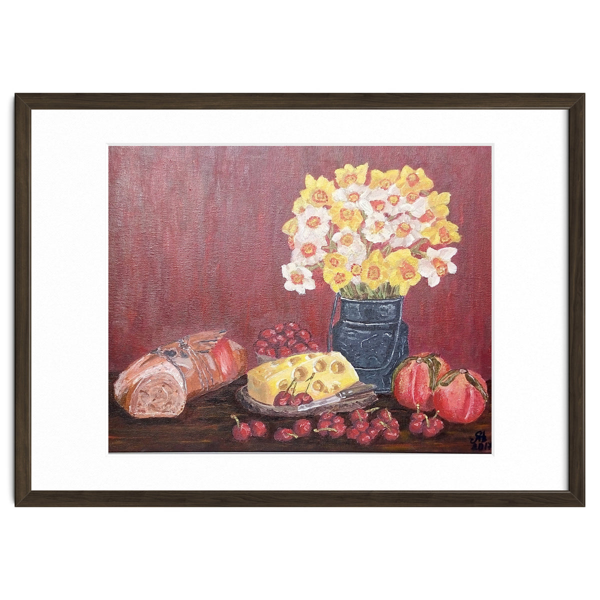 Still life with cheese, daffodils on a red background.