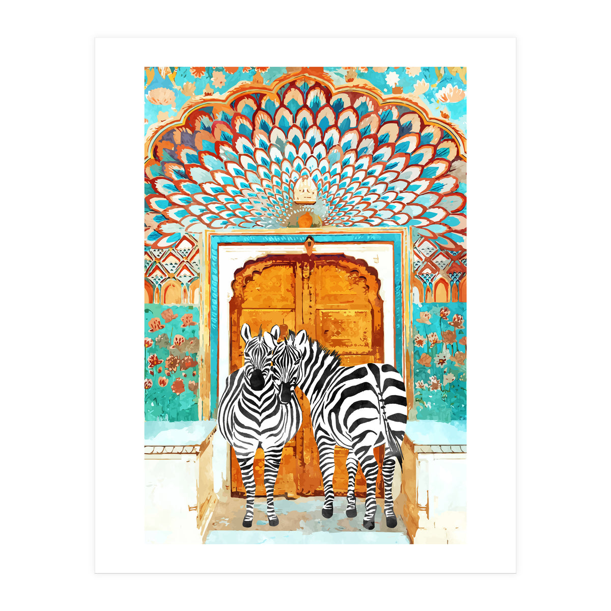 Take Your Stripes Wherever You Go Painting, Zebra Wildlife Architecture, Indian Palace Door Painting  (Print Only)