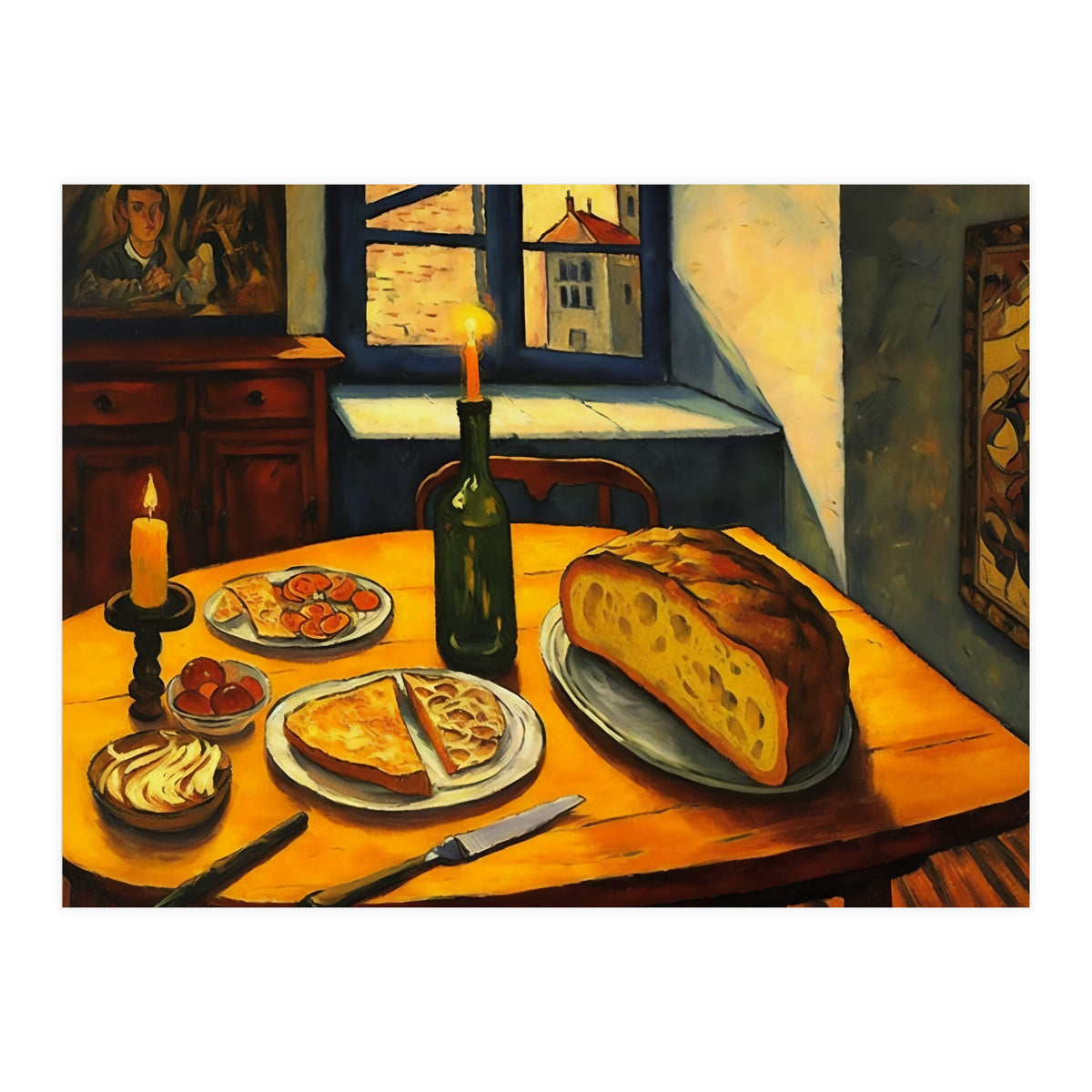 Table Setting of Bread and Cheese Oil Painting (Print Only)