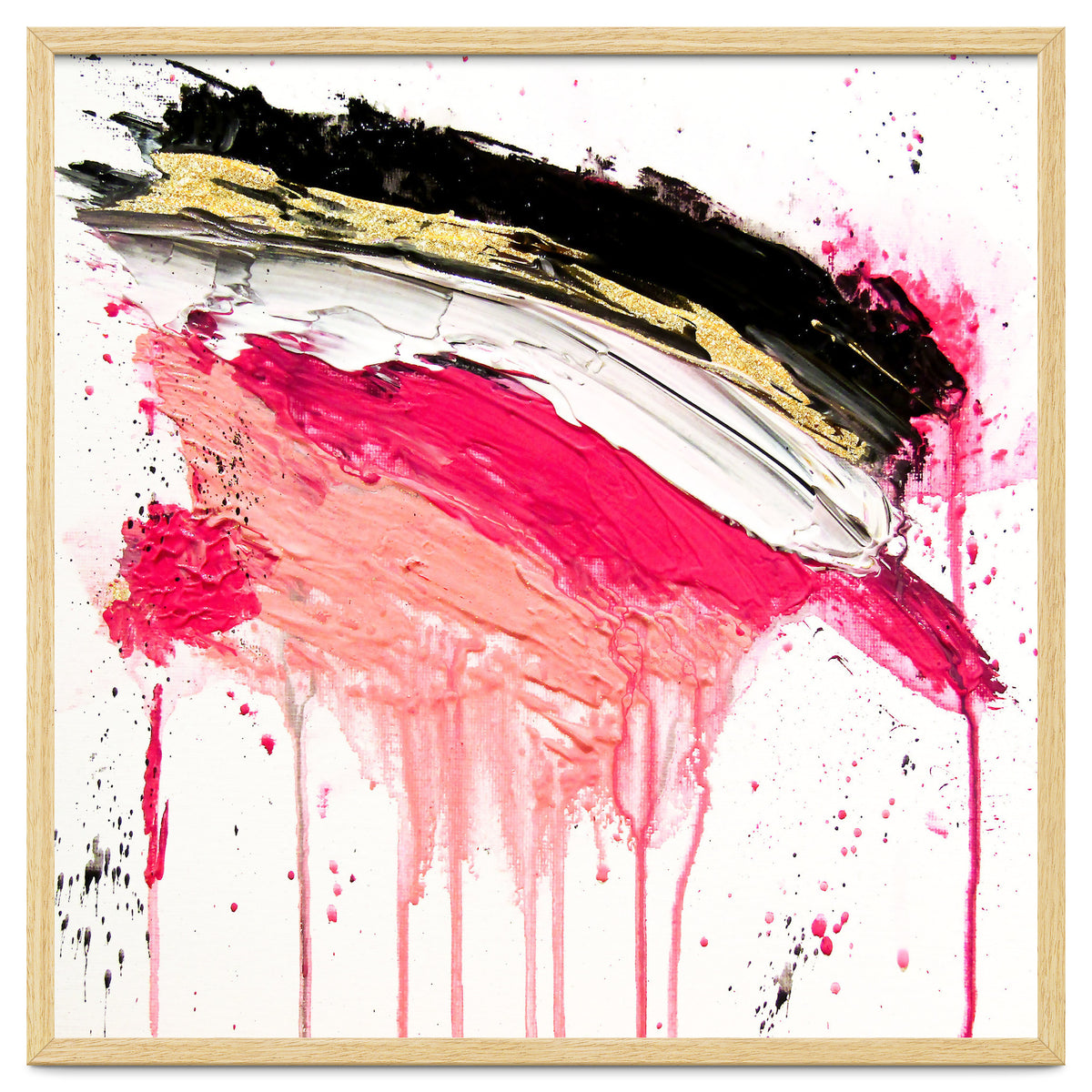 Modern Abstract Pink Black Gold Brushstrokes Splatters Acrylic