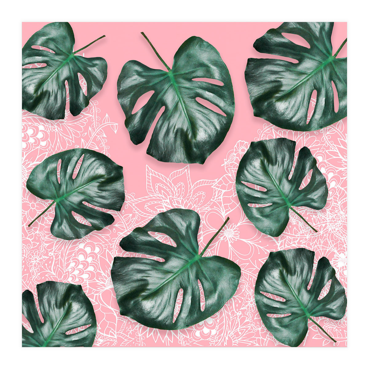Modern 3d green tropical monstera leaf photo on blush pink white floral illustration (Print Only)