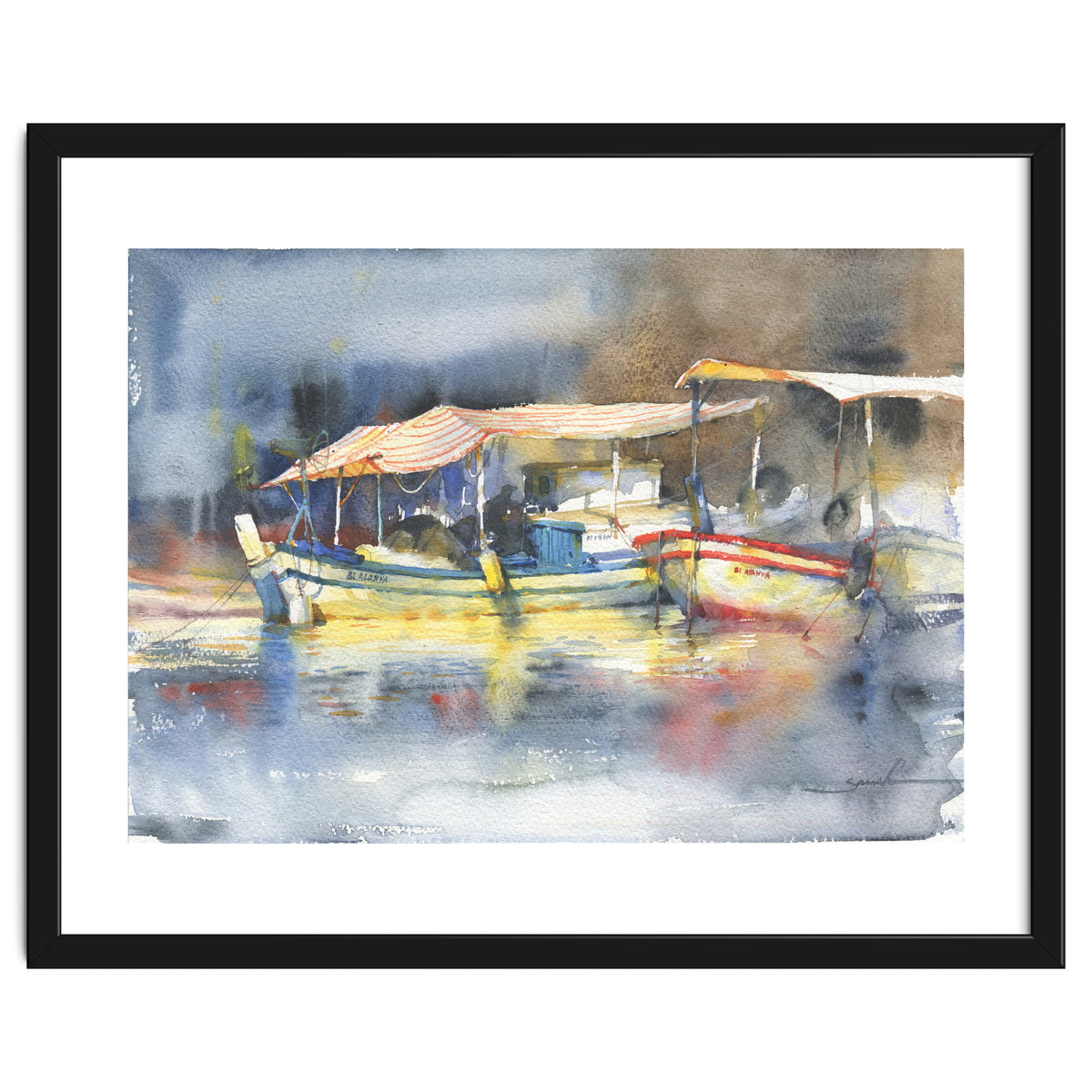 Yachts in the port. Watercolor art