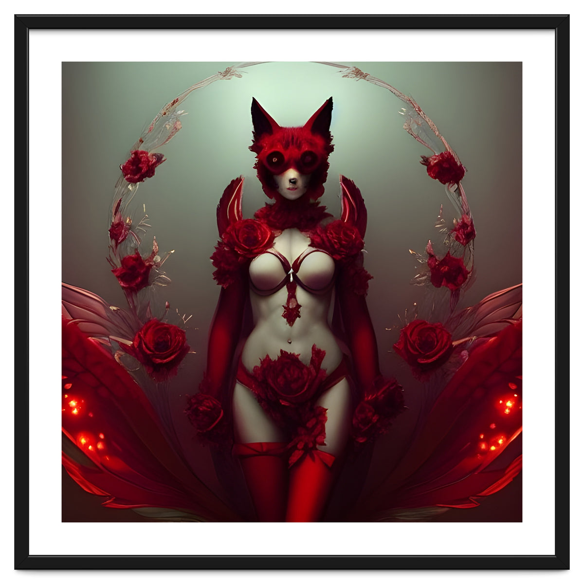 Red Floral Fox Vixen in Lingerie with Roses