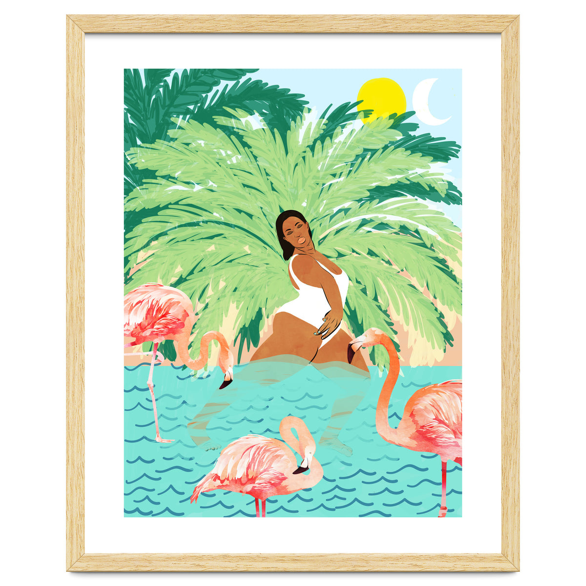 Tropical Summer Water Yoga with Palm & Flamingos | Woman of Color Black Woman Body Positivity