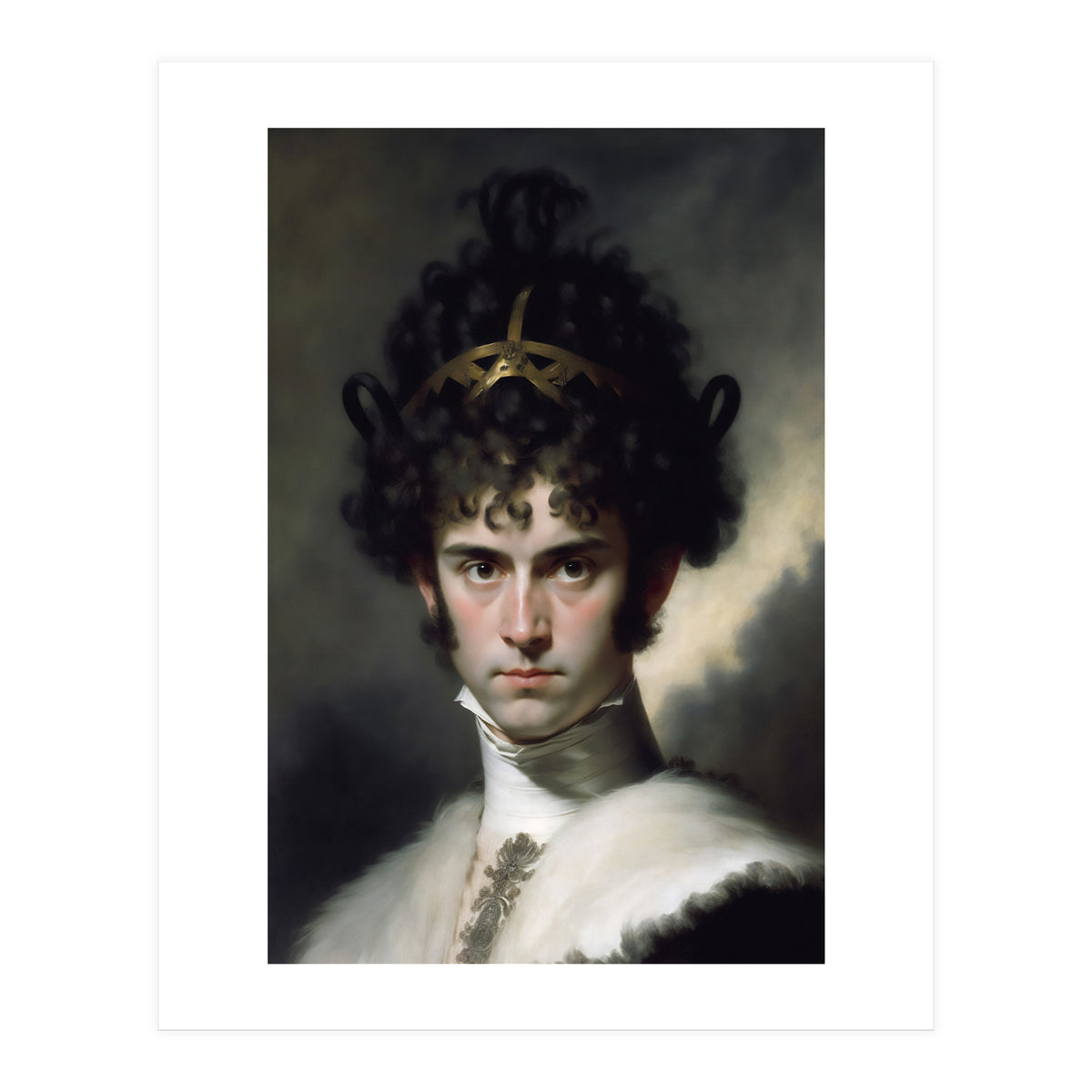 Curly Haired Man Moody Vintage Dark Painting  (Print Only)