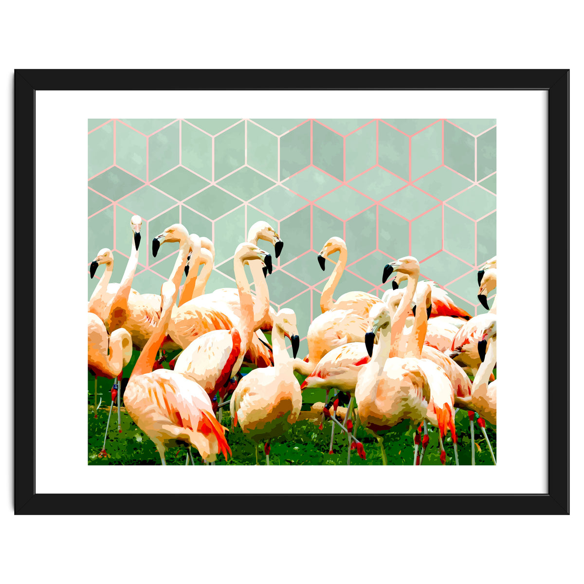 Flamingle Abstract Digital, Flamingo Wildlife Painting, Birds Geometric Collage