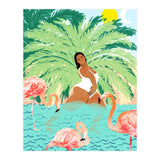 Tropical Summer Water Yoga with Palm & Flamingos | Woman of Color Black Woman Body Positivity (Print Only) thumbnail