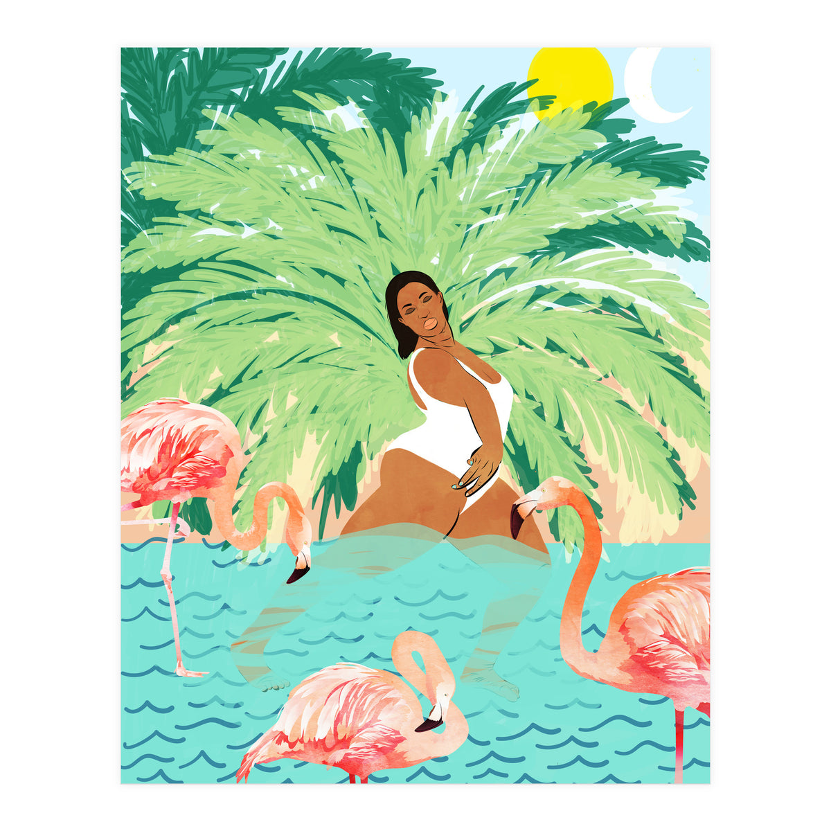 Tropical Summer Water Yoga with Palm & Flamingos | Woman of Color Black Woman Body Positivity (Print Only)