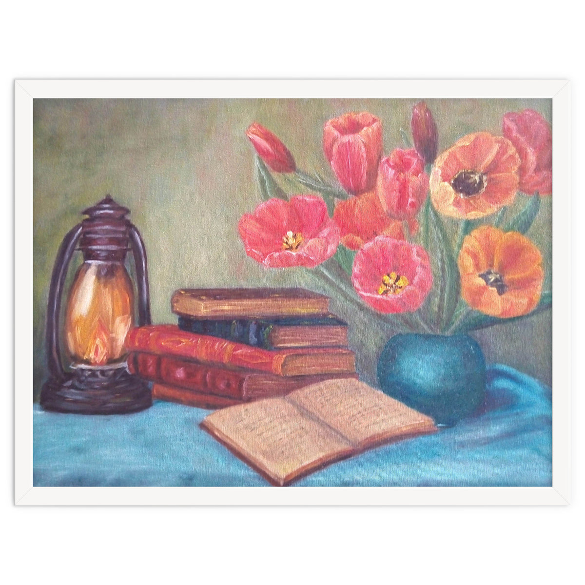 Still life with tulips, books and an old lamp.