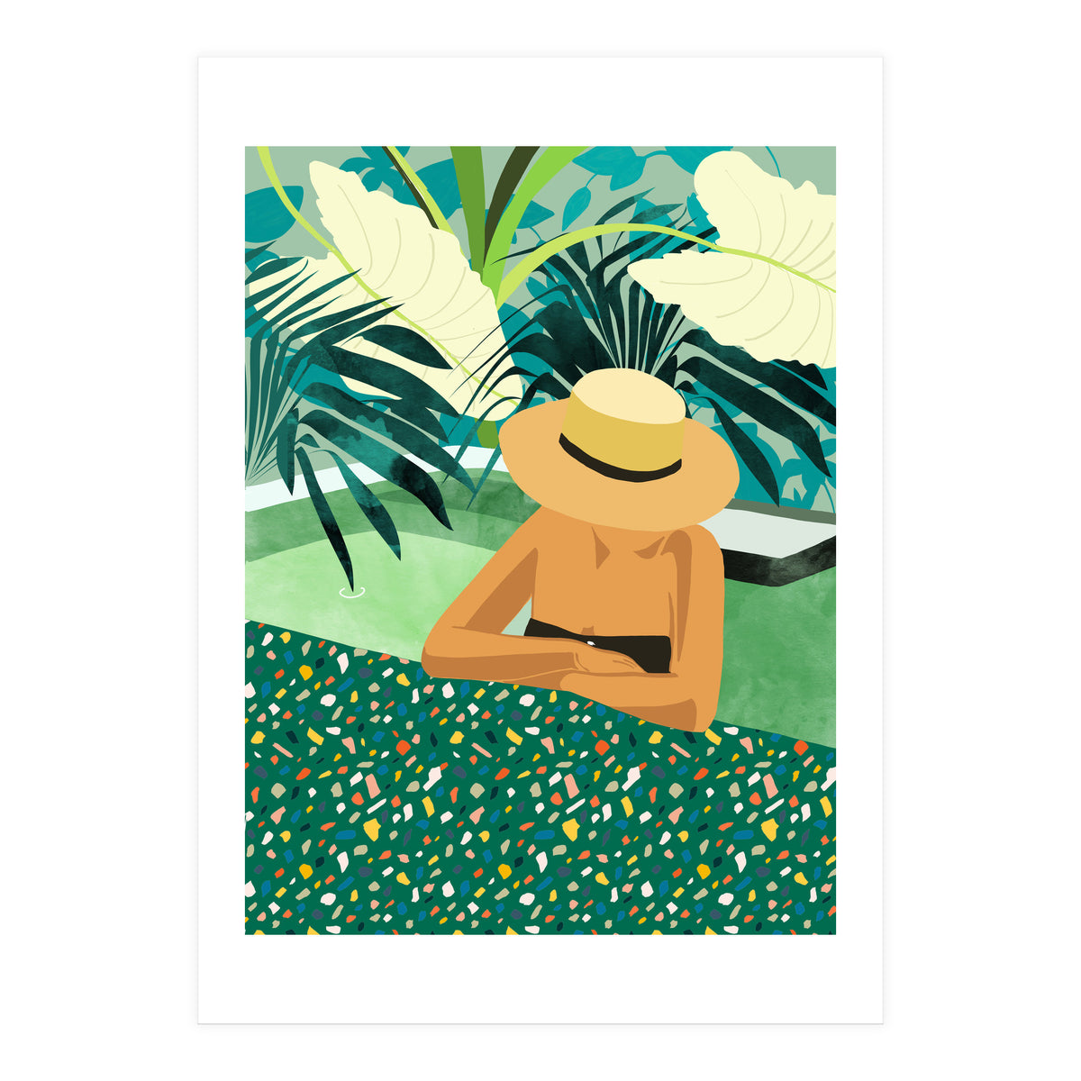 Chill, Modern Bohemian Black Woman Travel Illustration | Terrazzo Tropical Swimming Pool Fashion (Print Only)