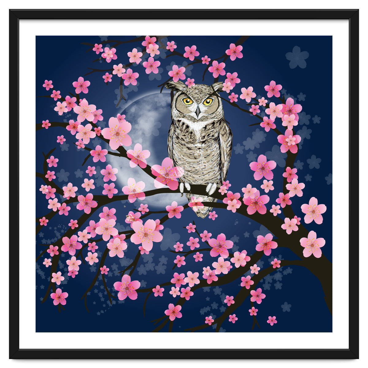 Great horned owl in a blossom tree