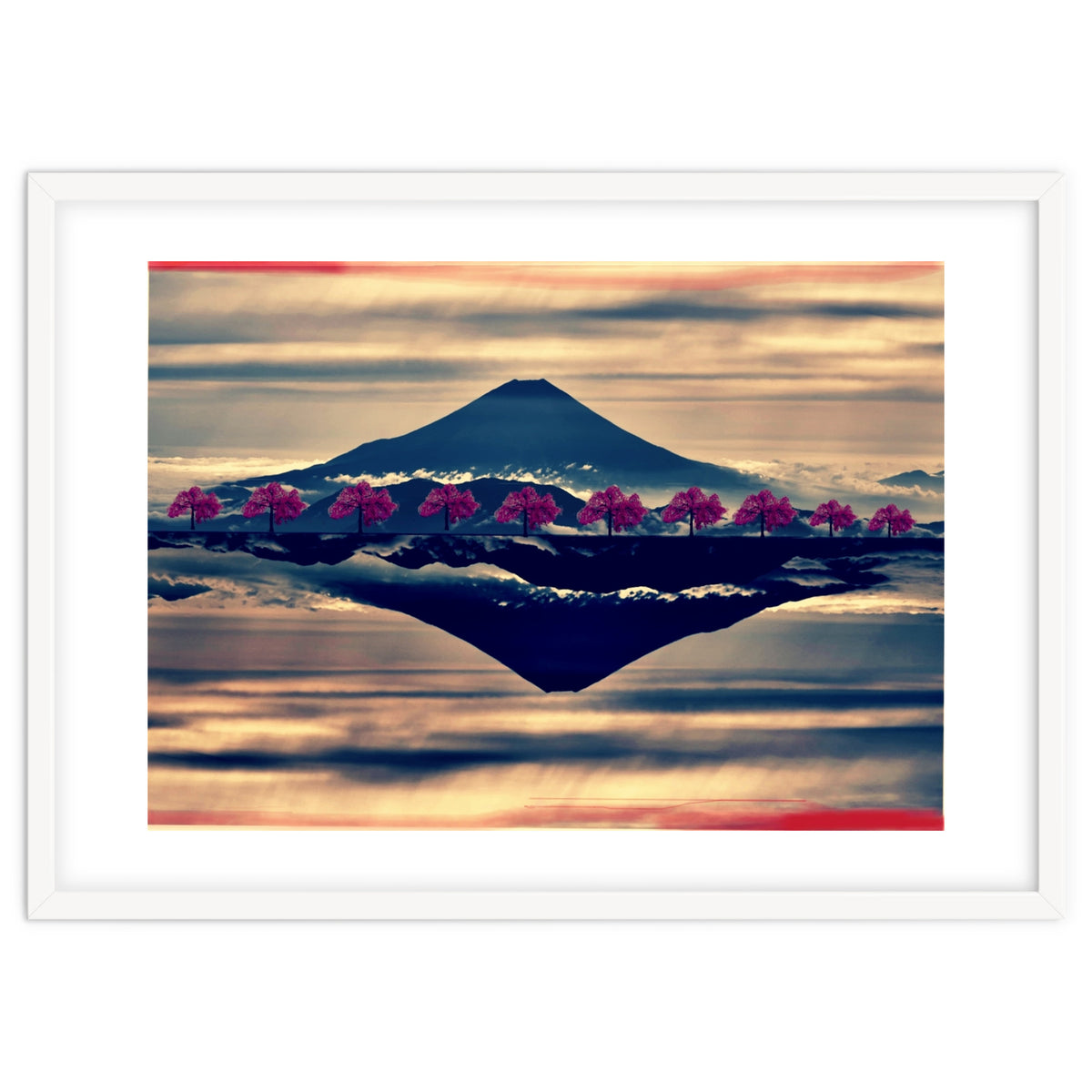 Reflection on Mount Fuji with cherry trees.